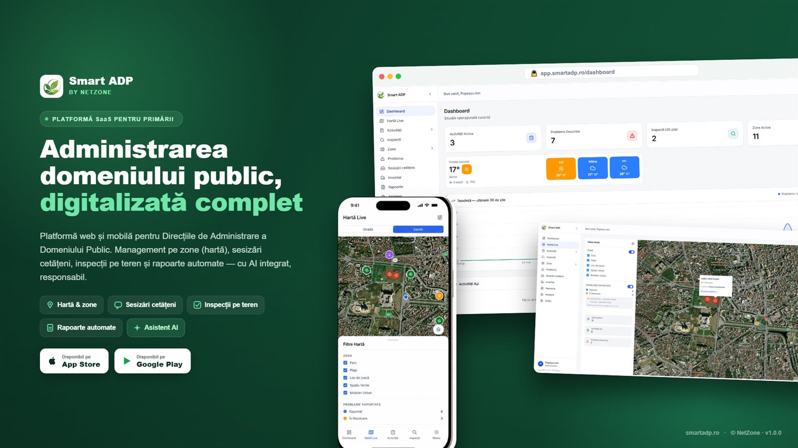 Smart ADP — administrarea domeniului public, digitalizată: dashboard, hartă și aplicație mobilă
