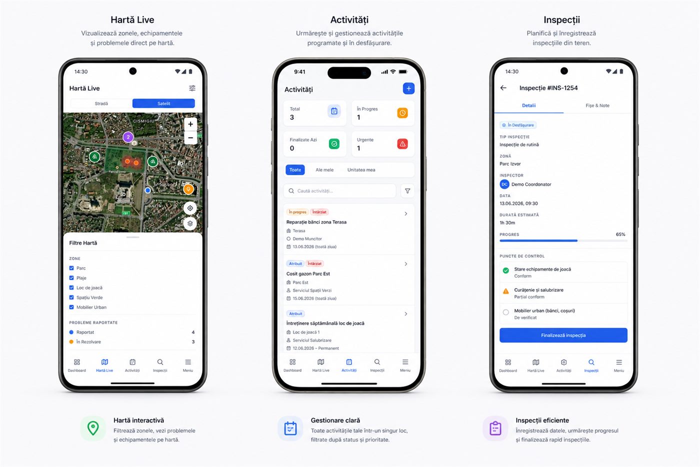 Smart ADP mobil — Hartă, Activități, Inspecții